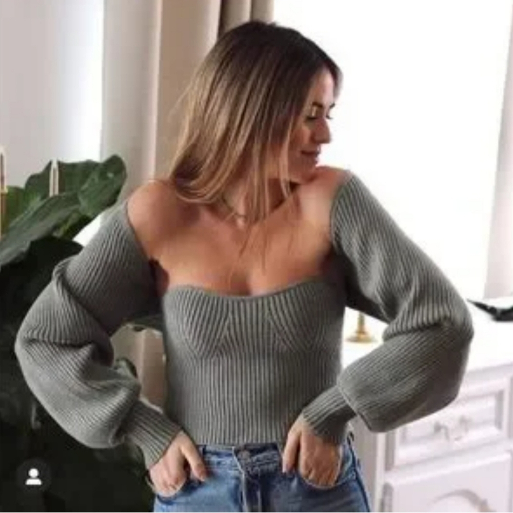 Zara Olive Green Off-the-Shoulder Ribbed Sweater